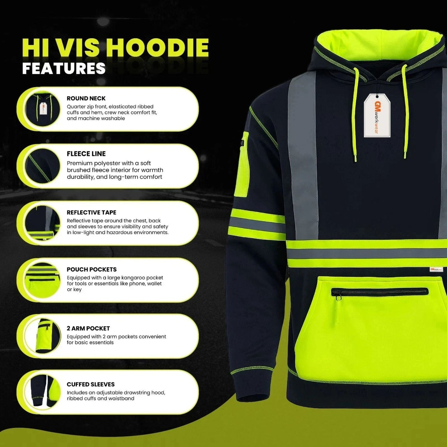Hi Vis Reflective Safety  Pullover Hoodie