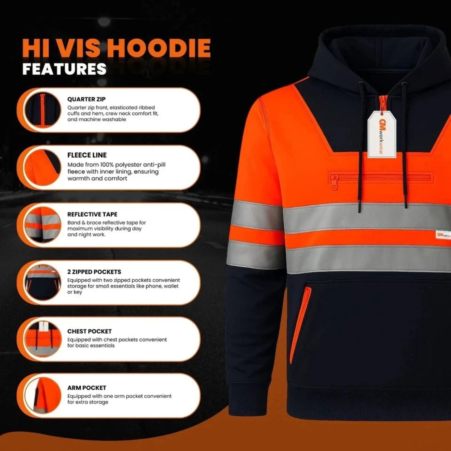 Hi Vis Reflective Safety  Pullover Hoodie
