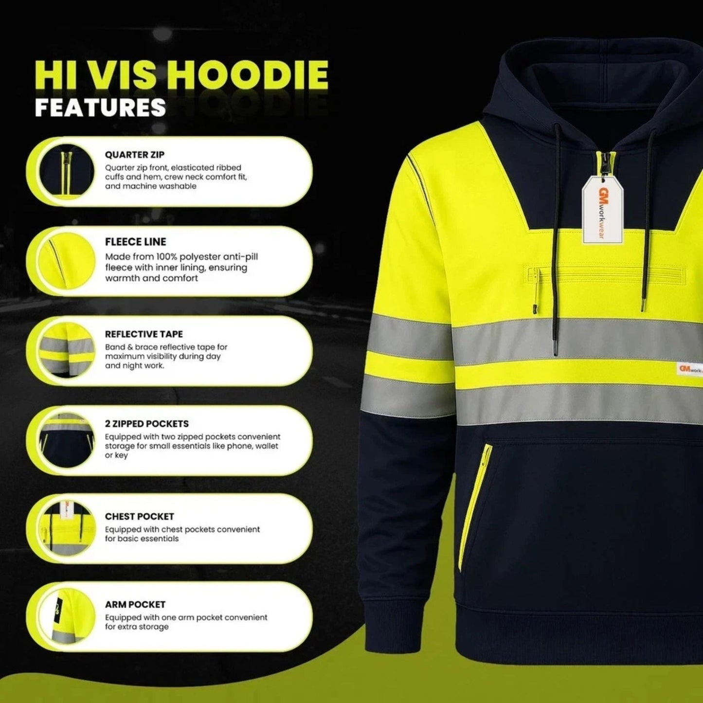 Hi Vis Reflective Safety  Pullover Hoodie