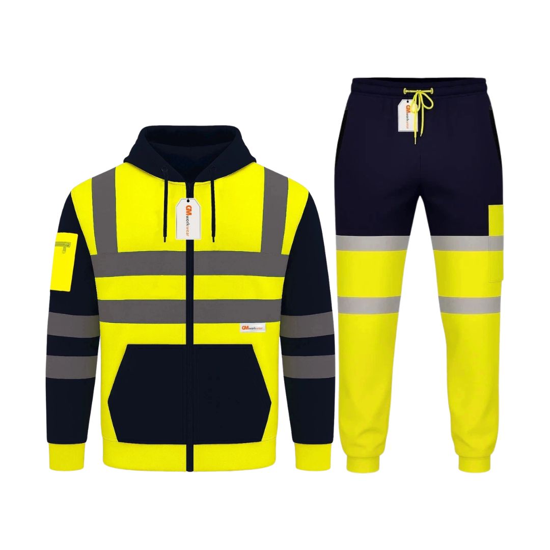 Hi Vis Reflective Two Tone Tracksuit Set – Full Zip Safety Hoodie & Fleece Joggers