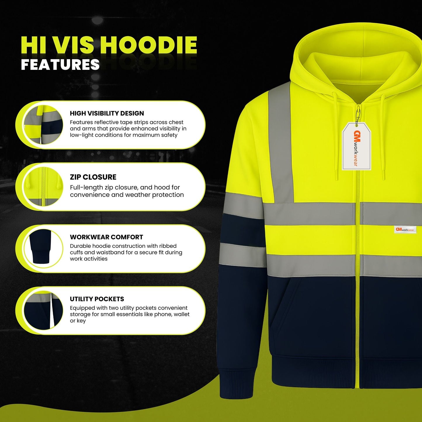 GM Workwear High Visibility Zip Hoodie
