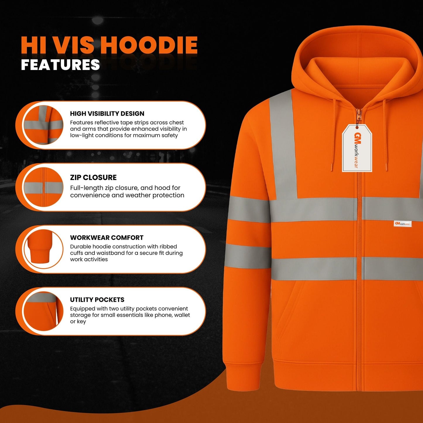 GM Workwear High Visibility Zip Hoodie
