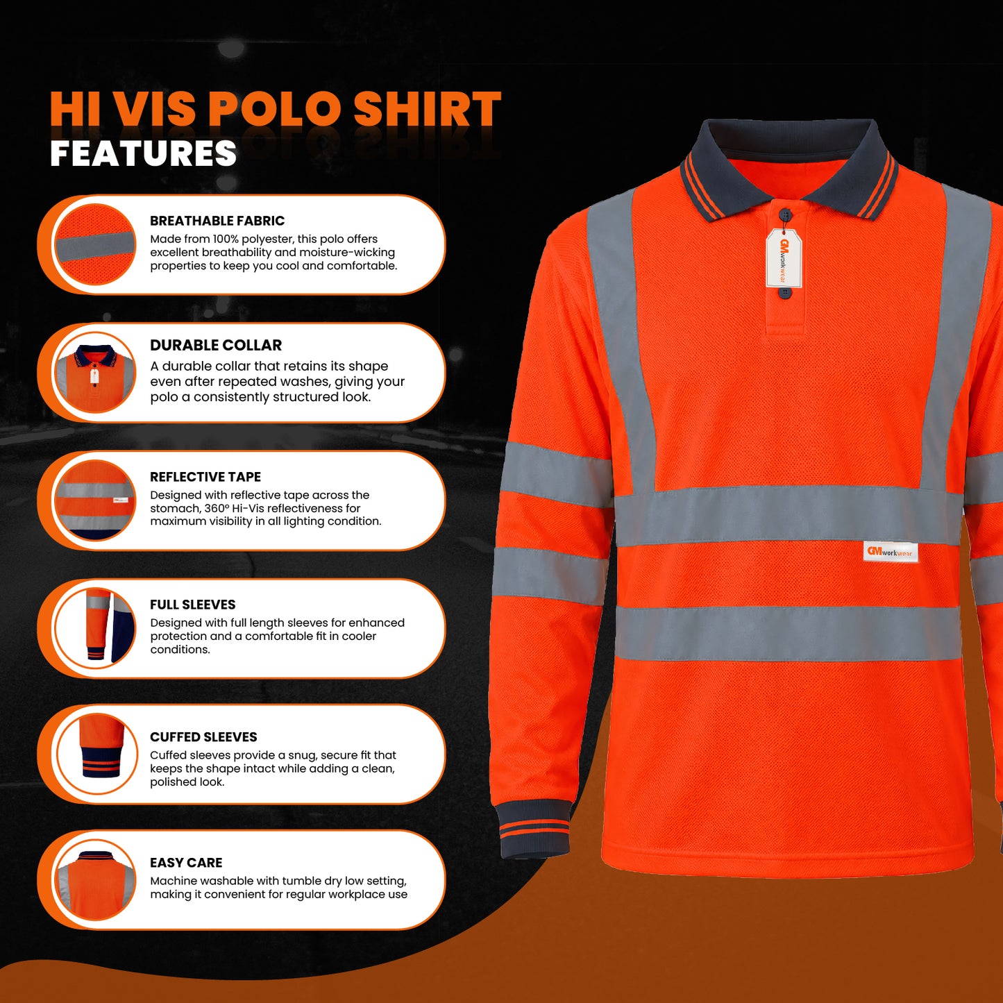 GM Workwear High Visibility Long Sleeve Polo Shirt
