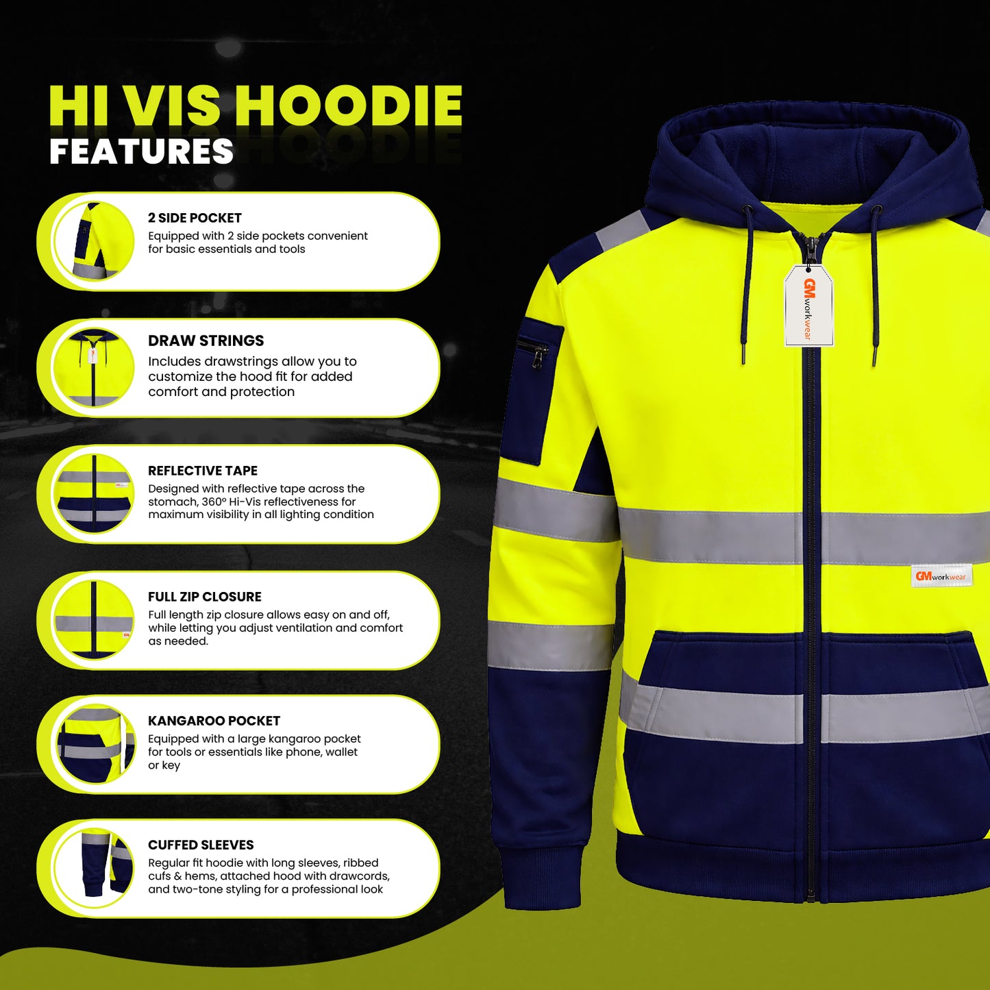 High Visibility Reflective Zip Up Hoodie