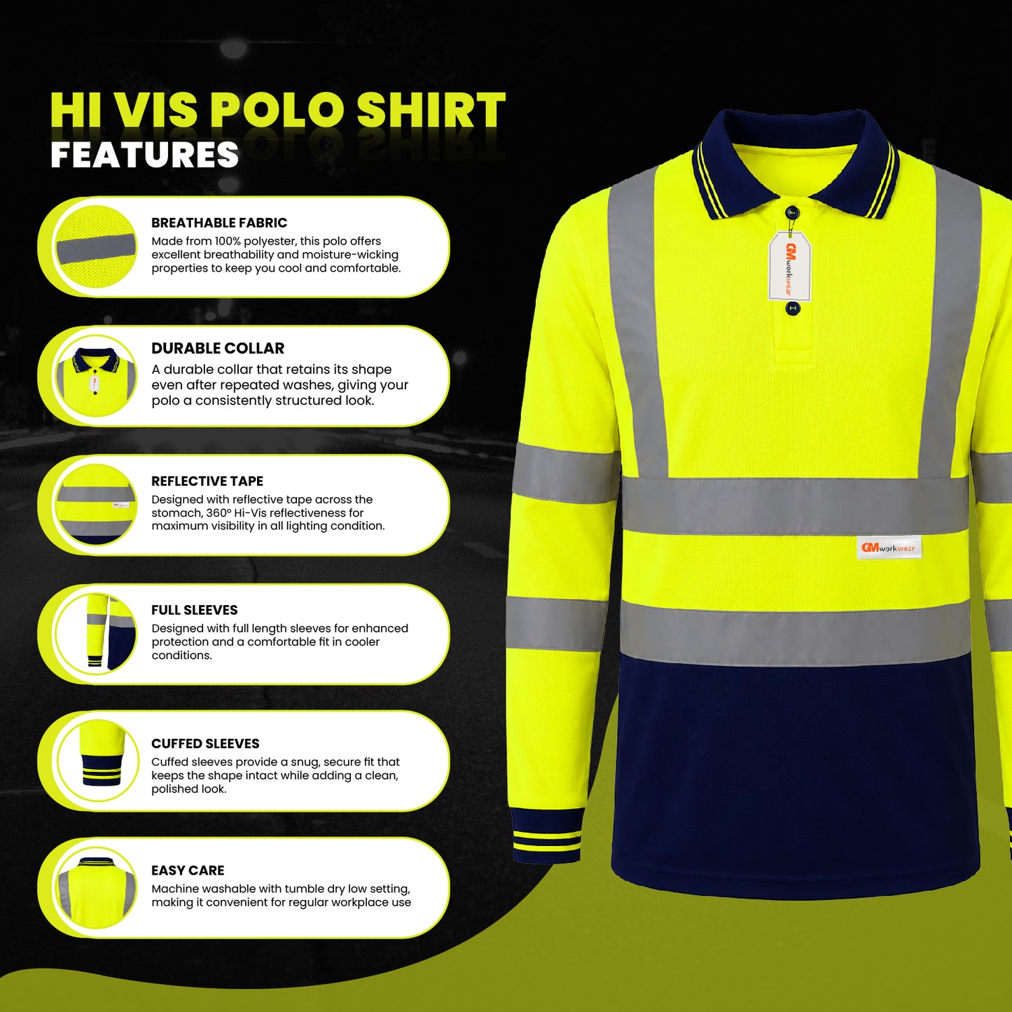 GM Workwear High Visibility Long Sleeve Polo Shirt