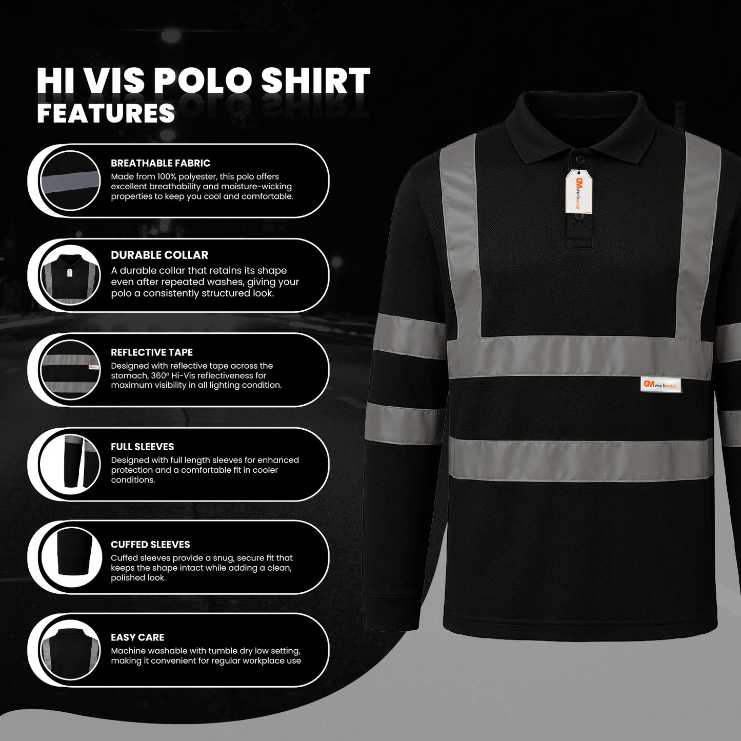 GM Workwear High Visibility Long Sleeve Polo Shirt