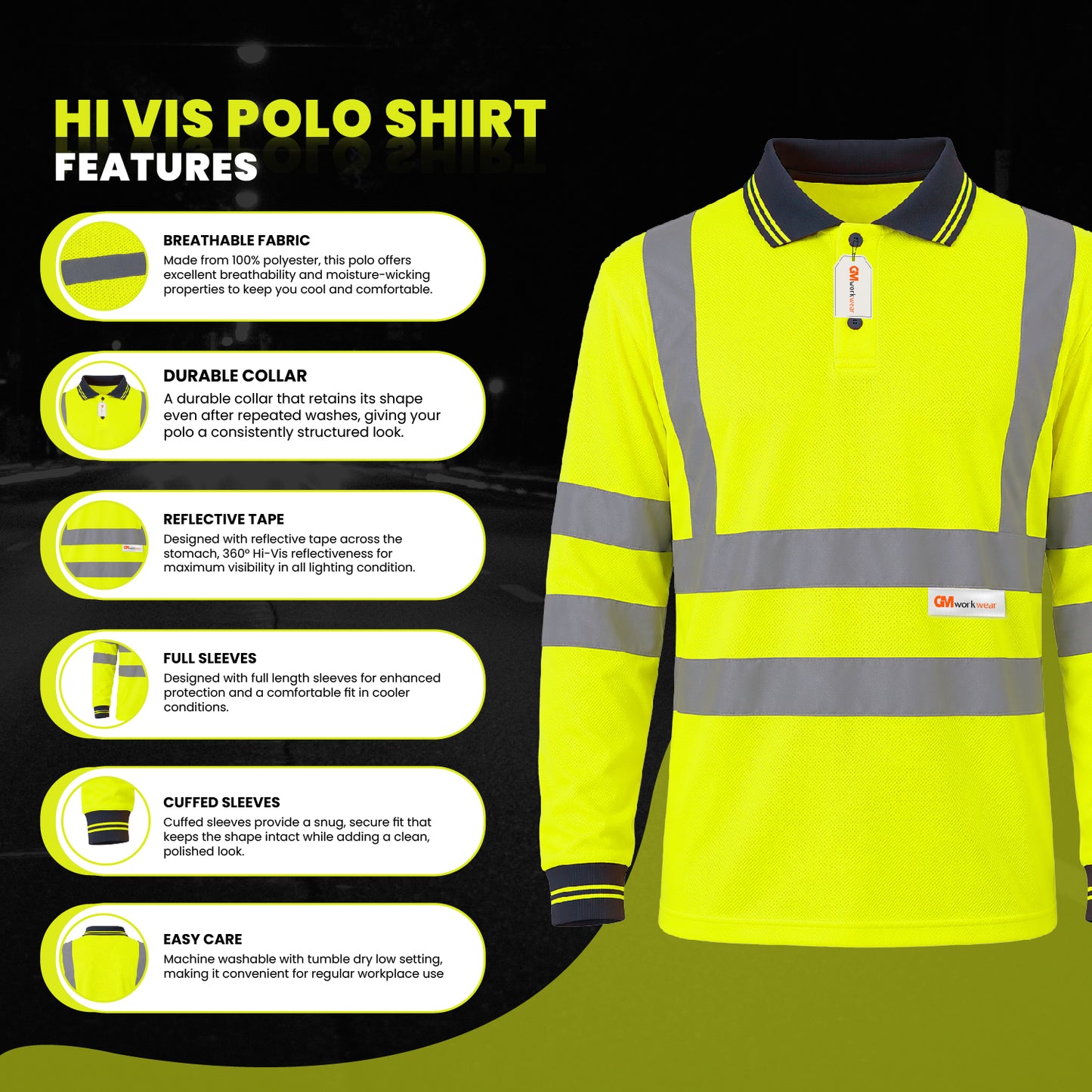 GM Workwear High Visibility Long Sleeve Polo Shirt