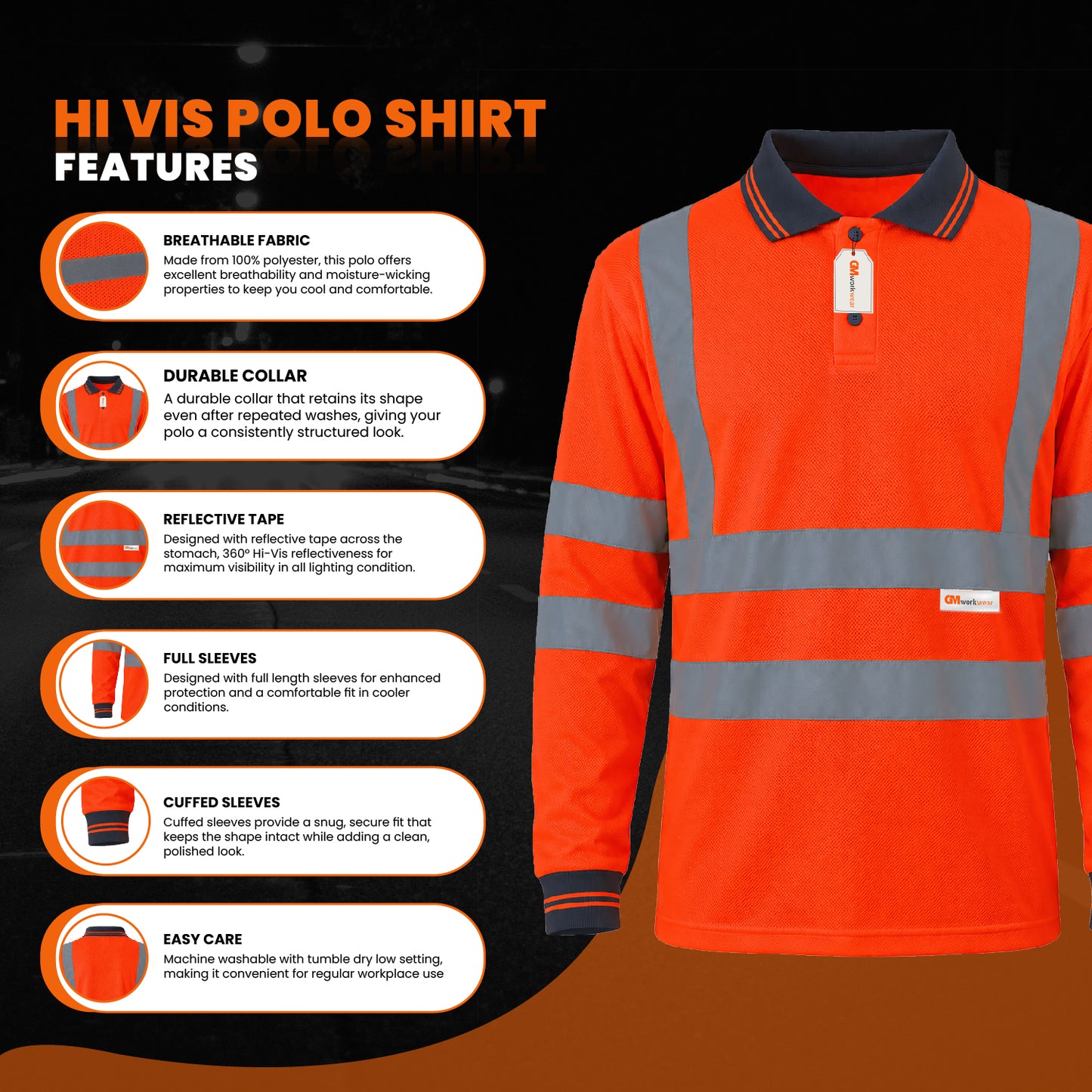 GM Workwear High Visibility Long Sleeve Polo Shirt
