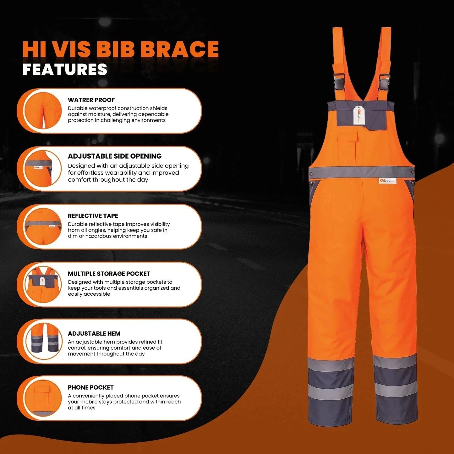 Hi Vis Reflective  Bib and Brace Waterproof Dungarees