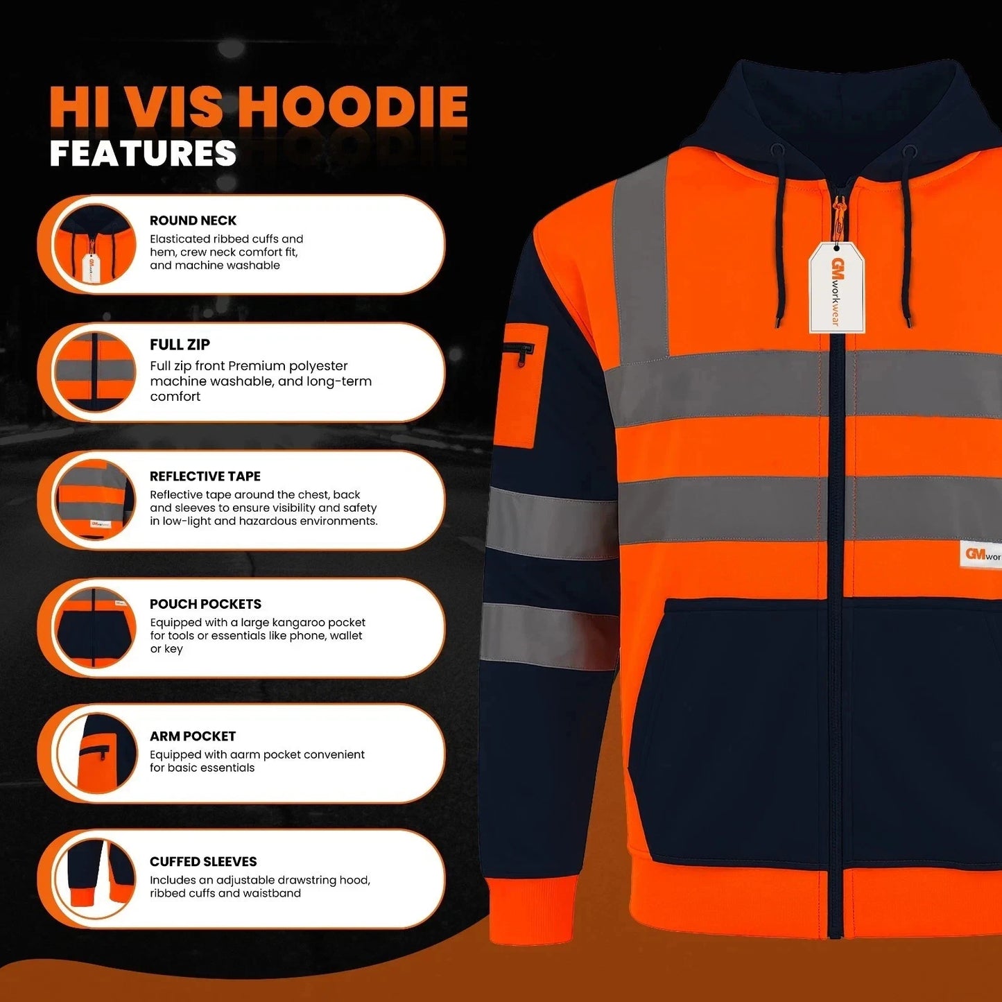 Hi Vis Reflective Hoodie Jacket Zip Up Hoodie