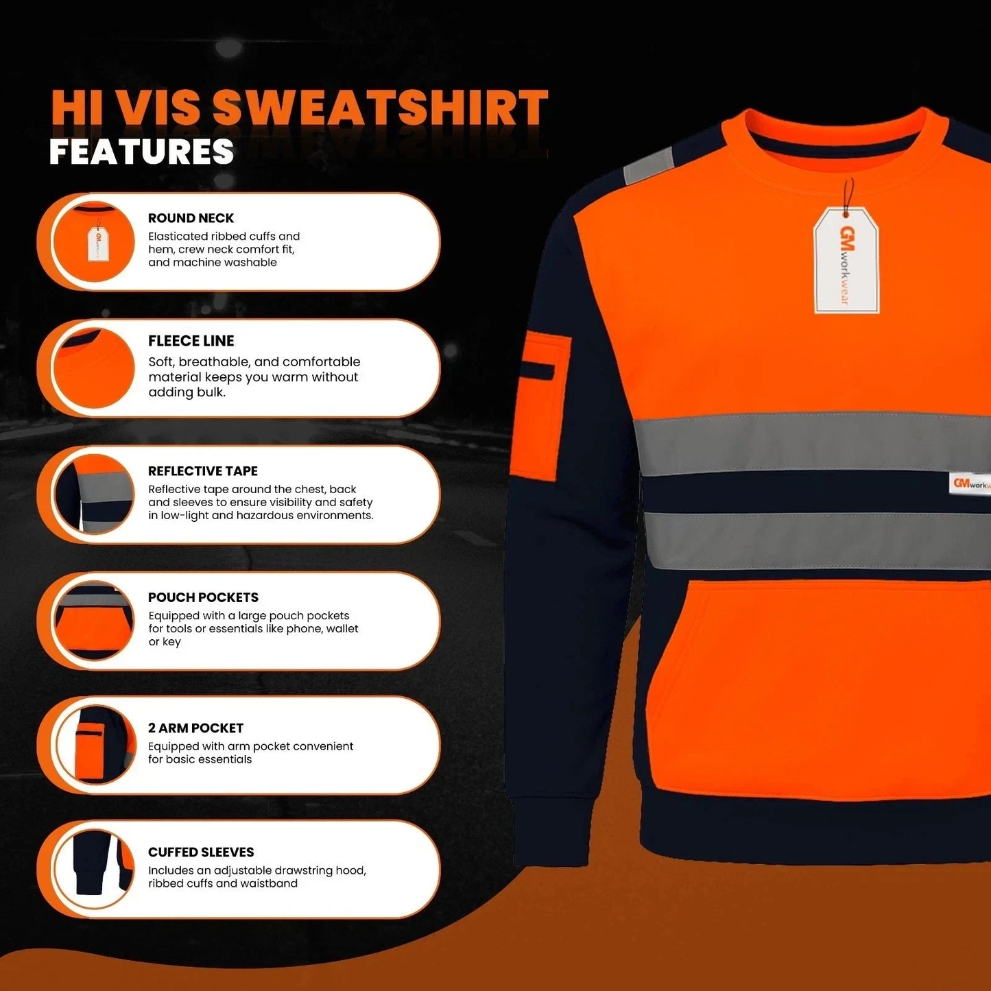 Hi Vis Reflective Sweatshirt 1 Stripe 2 Stripe