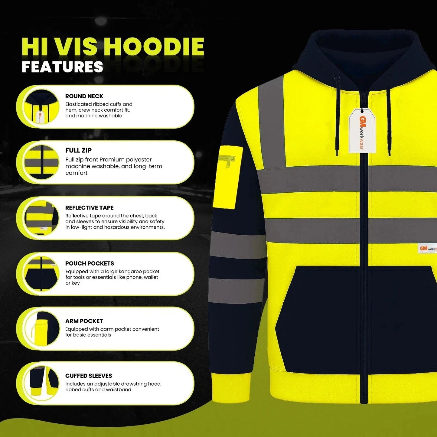 Hi Vis Reflective Hoodie Jacket Zip Up Hoodie