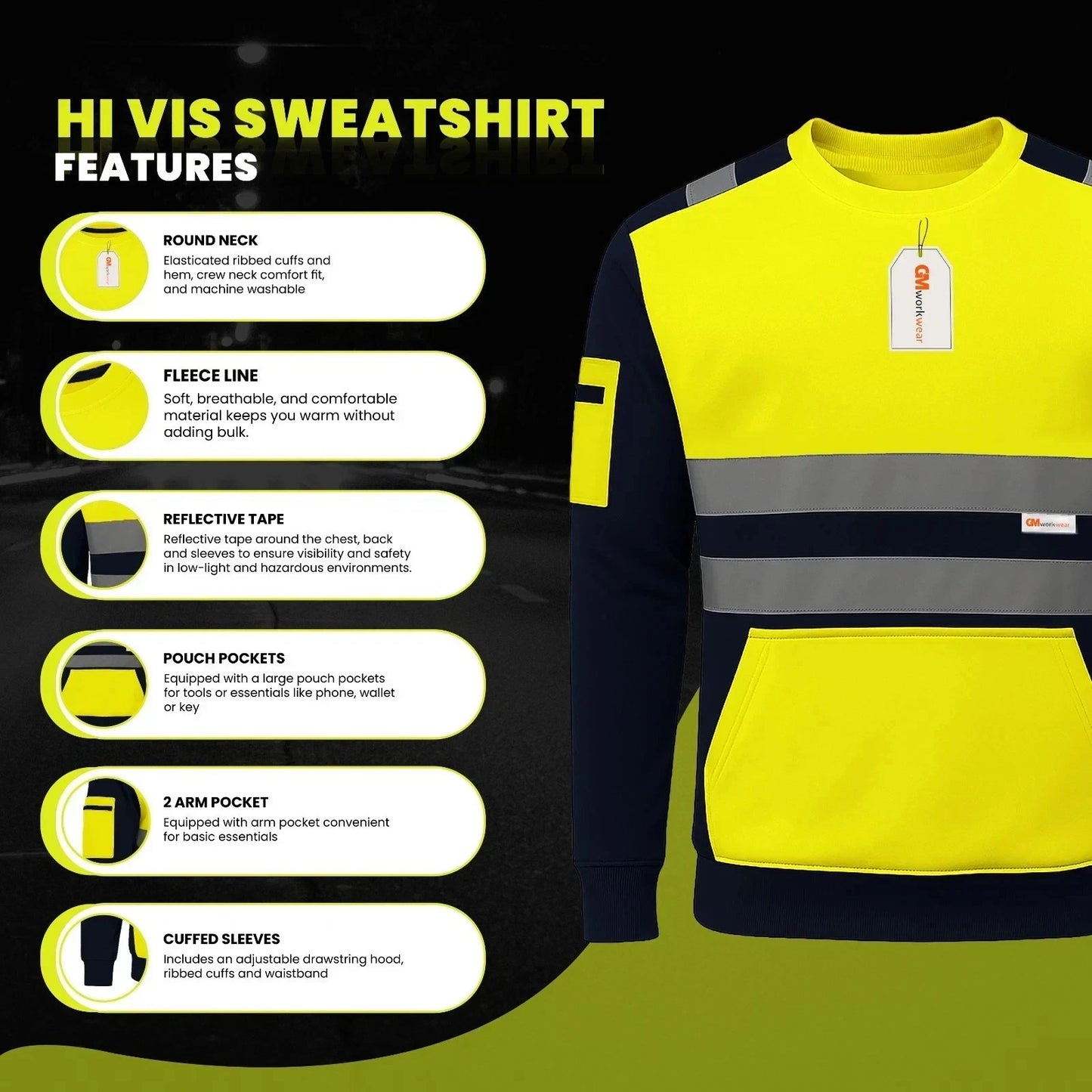 Hi Vis Reflective Sweatshirt 1 Stripe 2 Stripe
