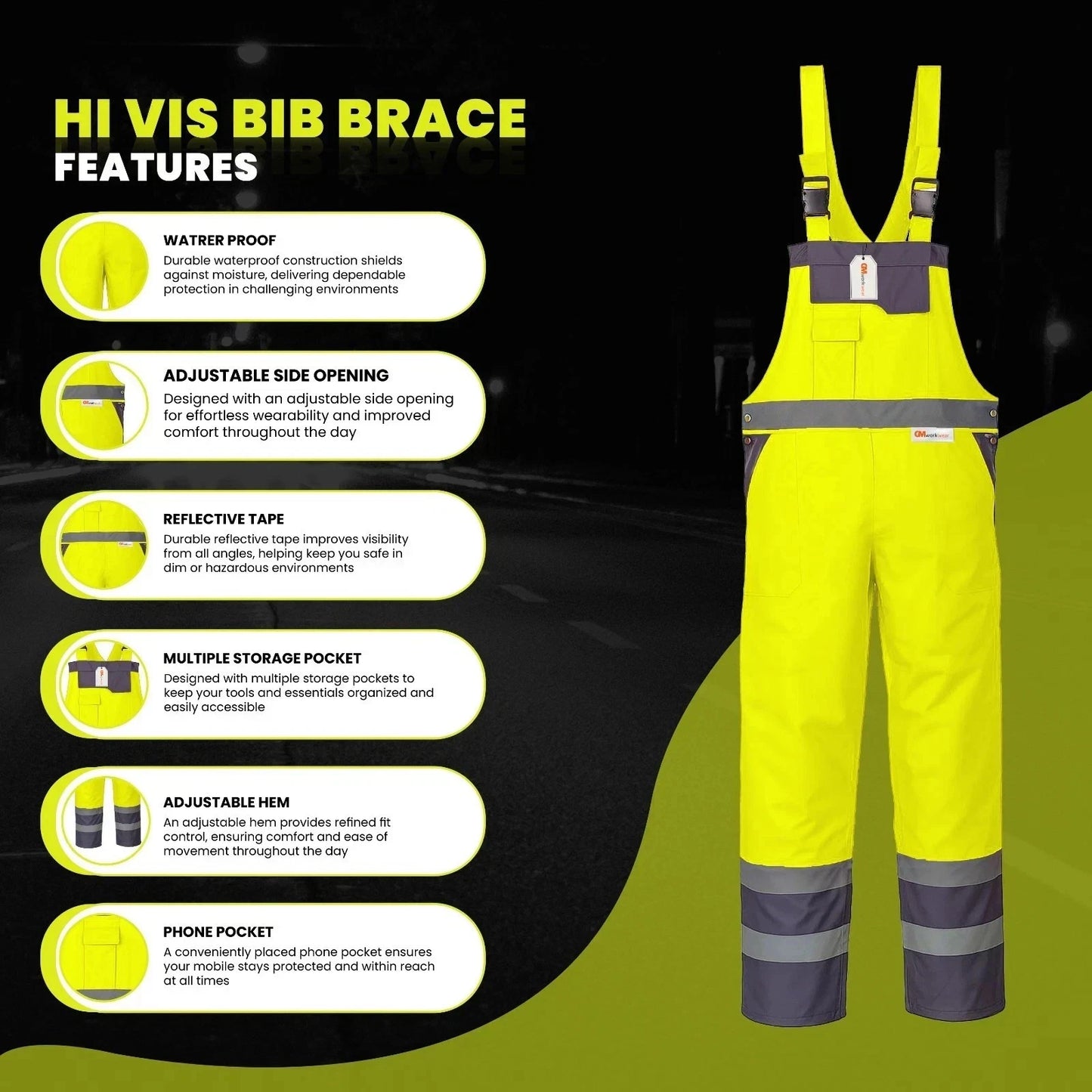Hi Vis Reflective  Bib and Brace Waterproof Dungarees